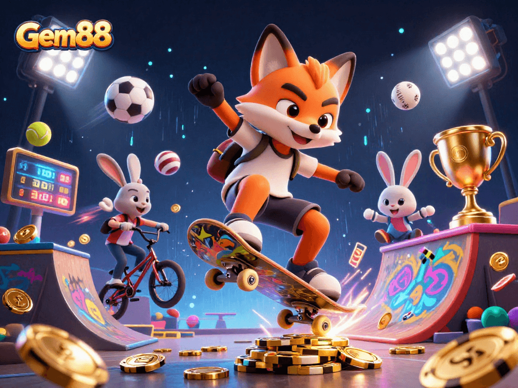 Experience excitement with Gem88 as a skateboarder fox performs thrilling tricks in a vibrant casino scene.