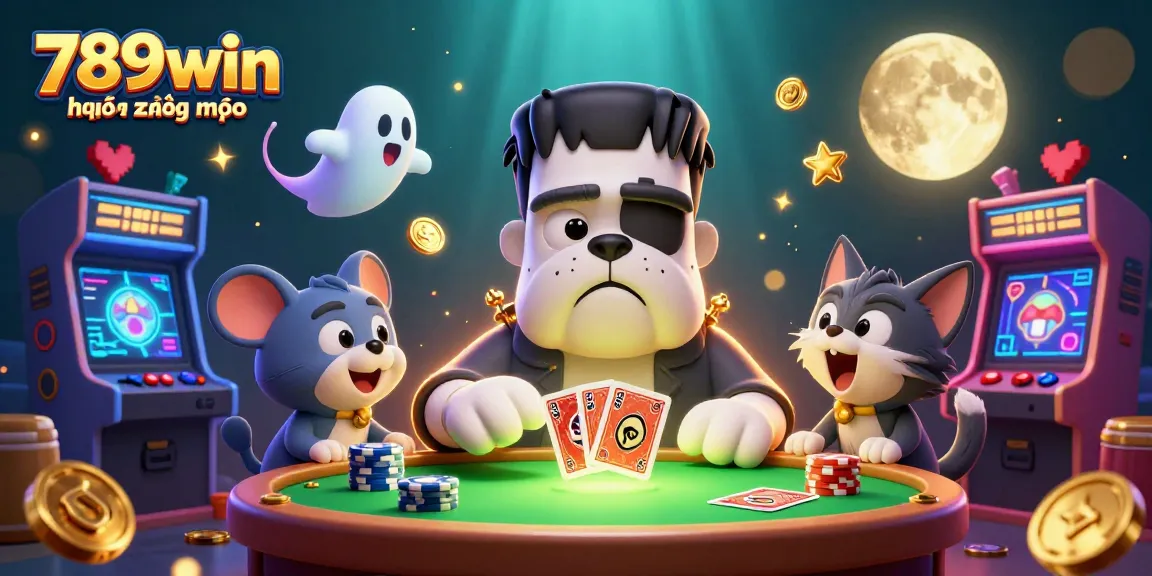 Experience excitement with 789win hiện đang mở while a bulldog monster deals cards among casino gaming elements.