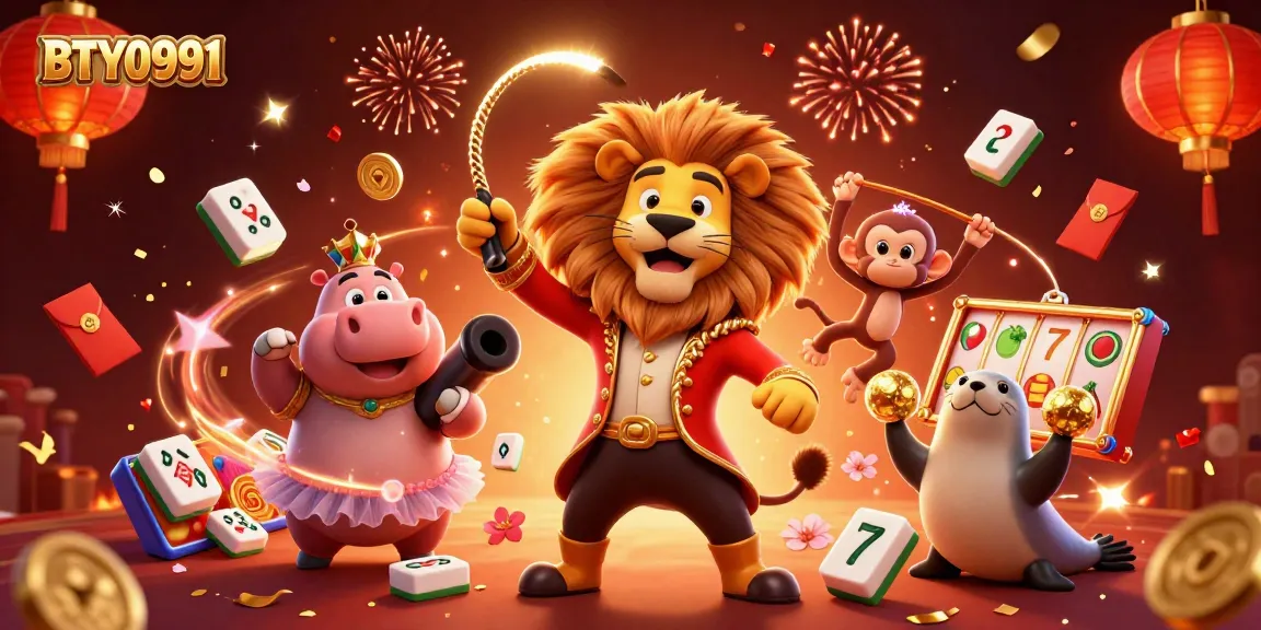 Engage with BTY0991 in an exciting circus-themed casino scene featuring vibrant characters and game elements.