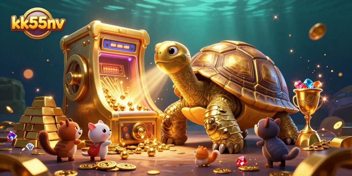 Engage with the exciting kk55nv casino scene featuring a golden tortoise pinball machine and treasure.