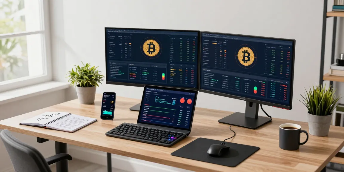 Play exchange in a professional cryptocurrency workspace with trading charts and digital wallet apps.