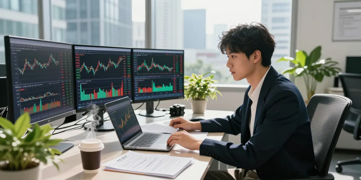 同花顺实时行情分析与财经资讯，现代金融交易办公室内的专业人士专注于多屏交易界面。