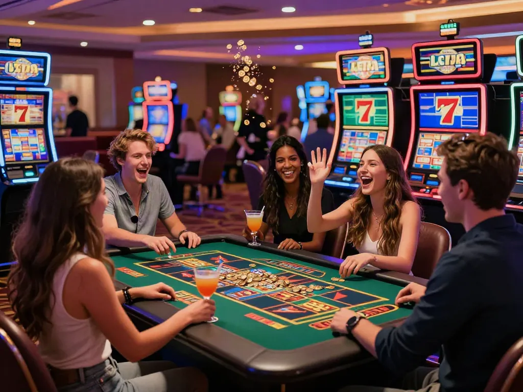 Friends enjoying a game of Lucky777 slots in a vibrant casino atmosphere.