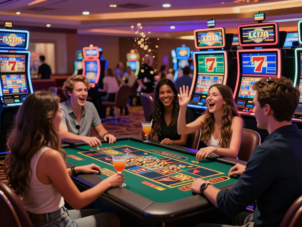 Friends enjoying a game of Lucky777 slots in a vibrant casino atmosphere.