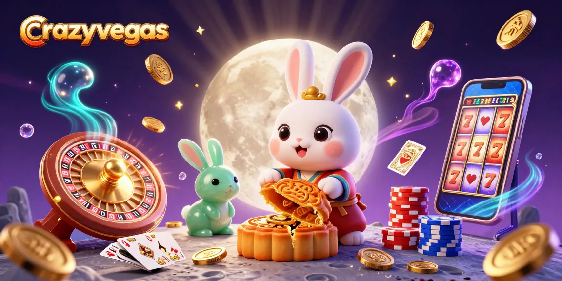 Crazyvegas showcases the moon rabbit revealing poker chips, symbolizing winning strategies in gambling.