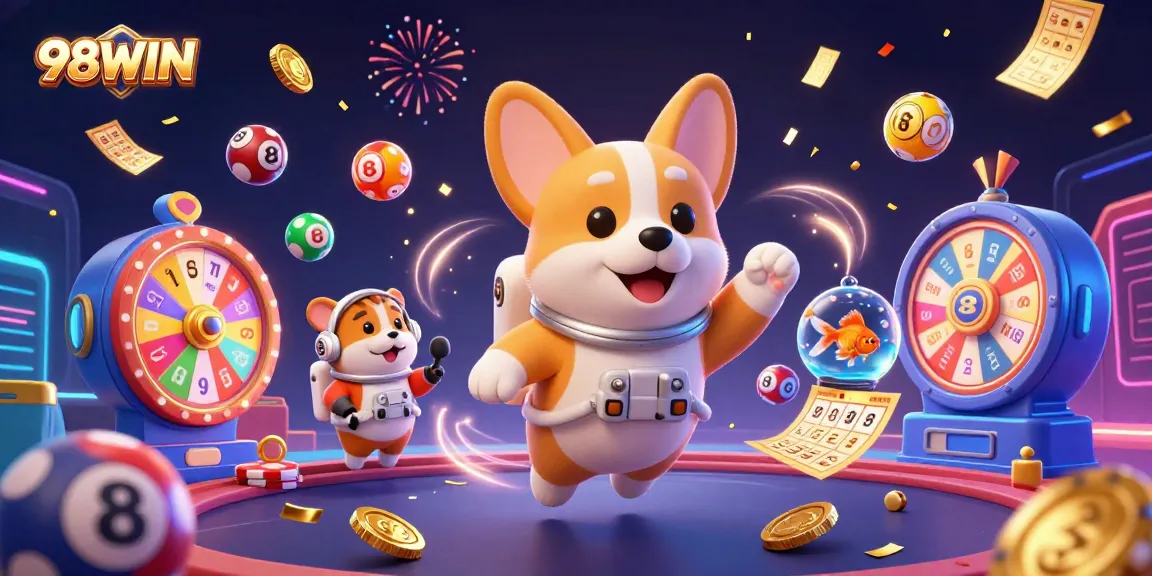 Join the excitement of gaming at 98WIN with dynamic casino-themed elements and playful characters.