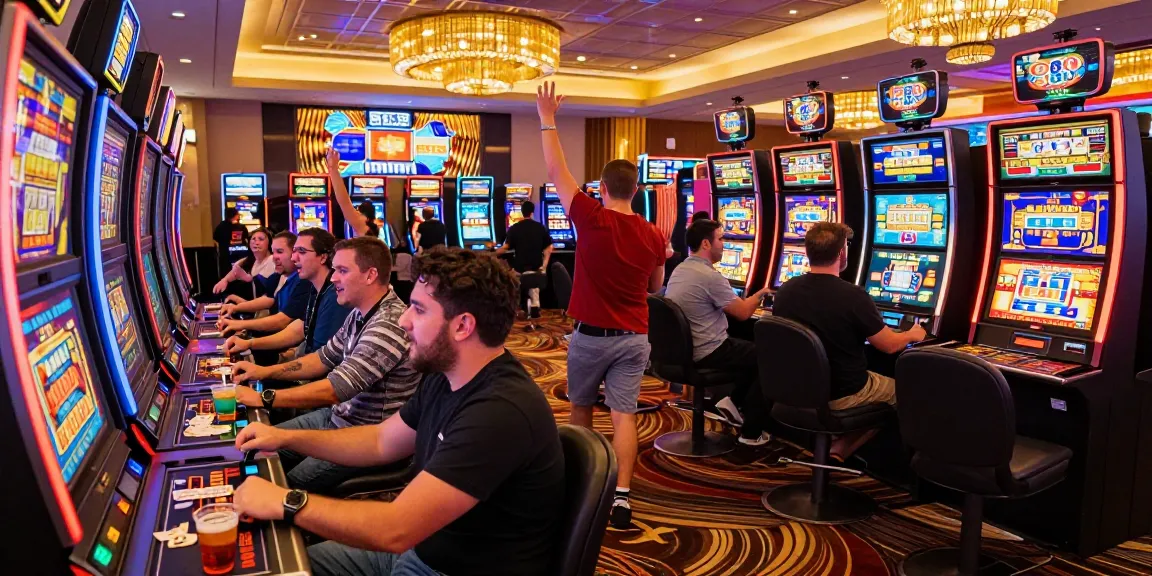 Exciting group at a slot88 machine in a vibrant casino setting, capturing the thrill of gaming.