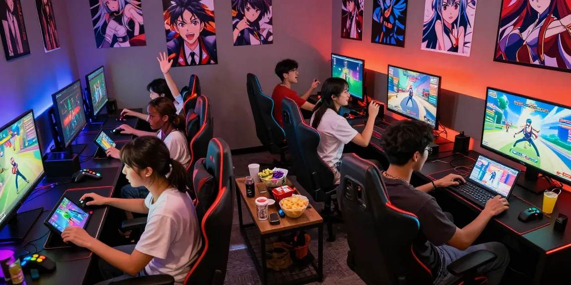 Friends enjoying animated hentai games in a vibrant gaming lounge with colorful LED lights
