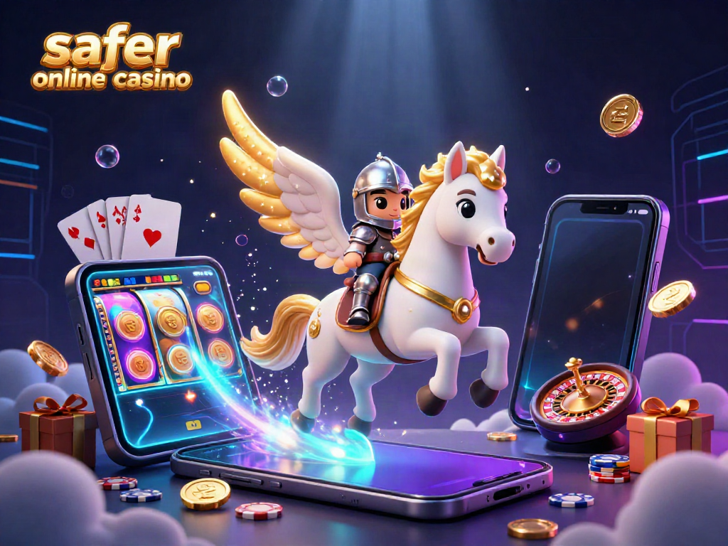 Experience excitement at a safer online casino with a celestial horse and knight amidst vibrant gaming elements.