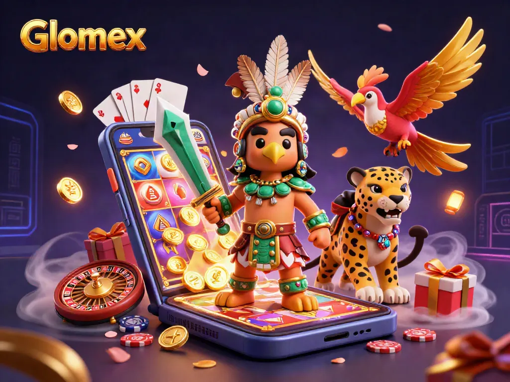 Engage in thrilling gameplay with Glomex as the Aztec warrior faces a dynamic casino scene featuring slots and roulette.