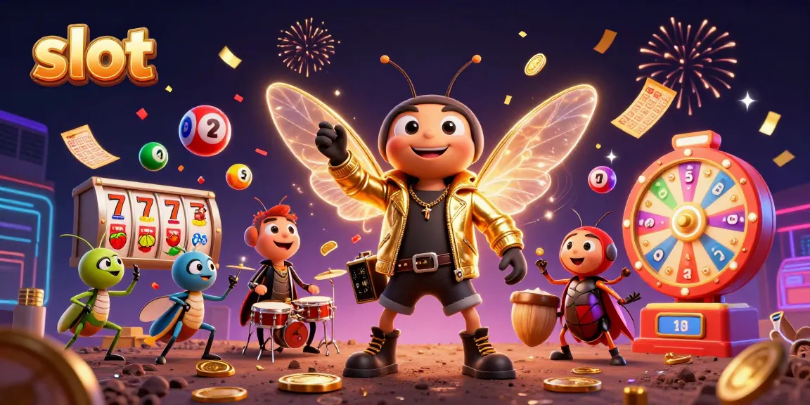 Slot bertema dengan cicada rock star 3D dan elemen menarik lainnya yang menyoroti sensasi permainan kasino.