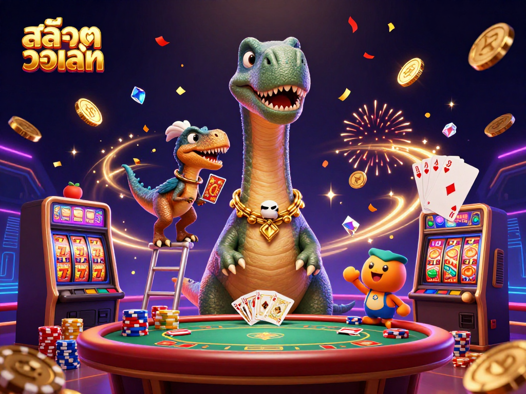 Engage with สล็อตวอเลท in a vibrant casino scene featuring a playful brontosaurus and raptor