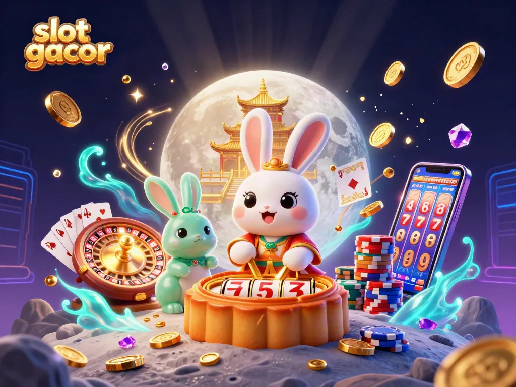 Engage with slot gacor action in a vibrant 3D casino scene featuring animated rabbits and golden coins.