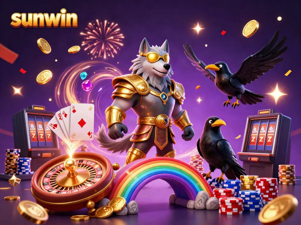 Experience thrilling gaming with sunwin, where Odin and his ravens guard a vibrant casino landscape.