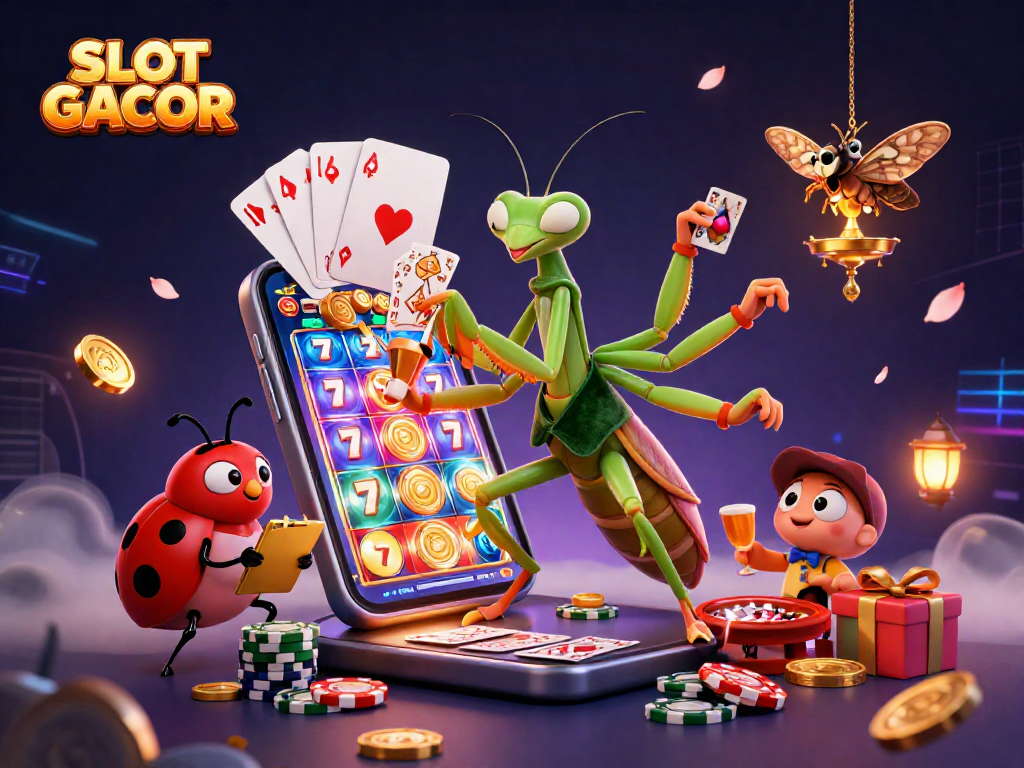 SLOT GACOR scene with a praying mantis card sharp and ladybug pit boss amidst vibrant game elements and rich casino atmosphere.
