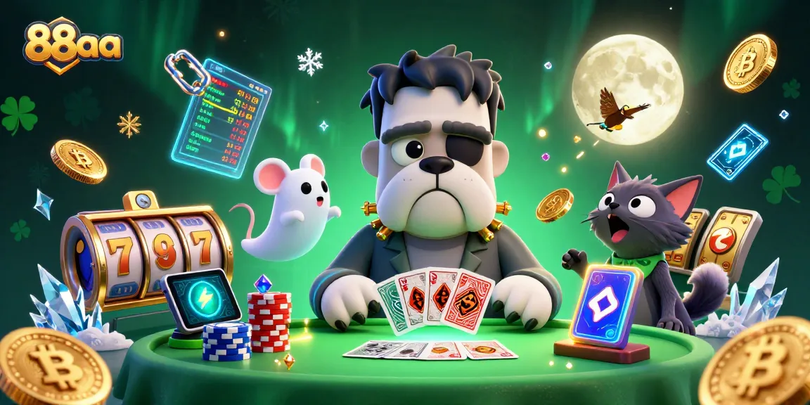 Engage in thrilling card games at 88aa with a cartoon bulldog dealer and a rich, vibrant gambling atmosphere.