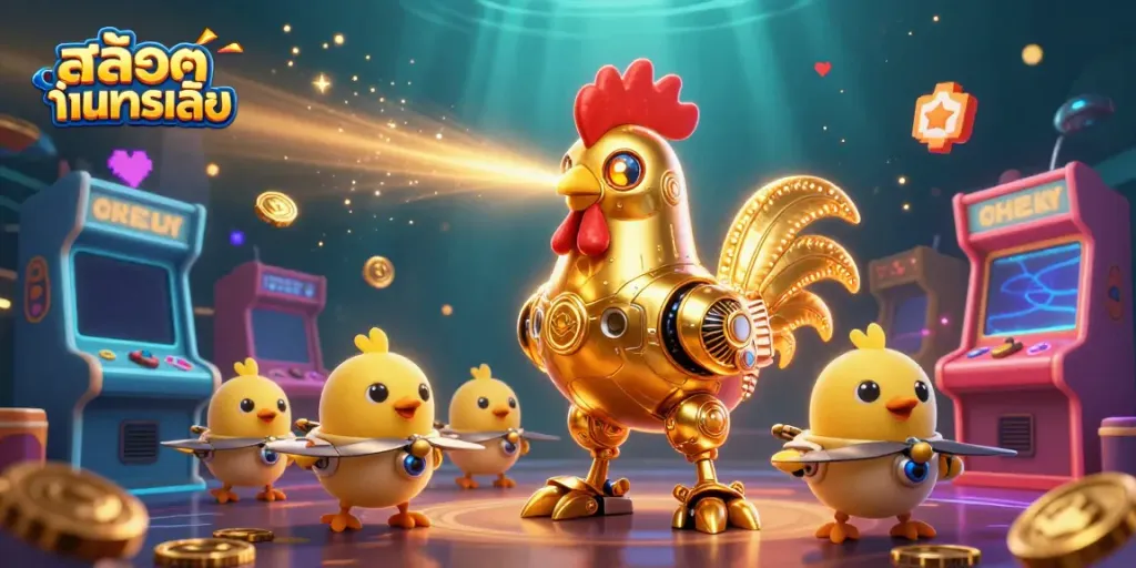 เล่นสล็อตทดลองเล่นฟรีกับหุ่นยนต์ไก่ทองคำสุดล้ำและลูกเจี๊ยบในบรรยากาศคาสิโน