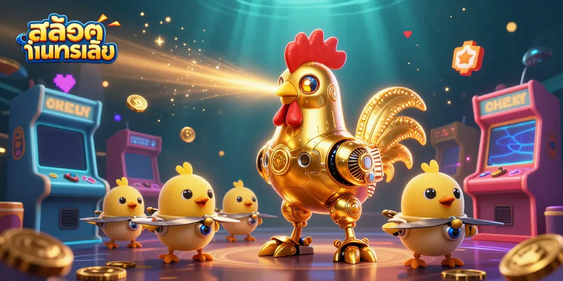 เล่นสล็อตทดลองเล่นฟรีกับหุ่นยนต์ไก่ทองคำสุดล้ำและลูกเจี๊ยบในบรรยากาศคาสิโน