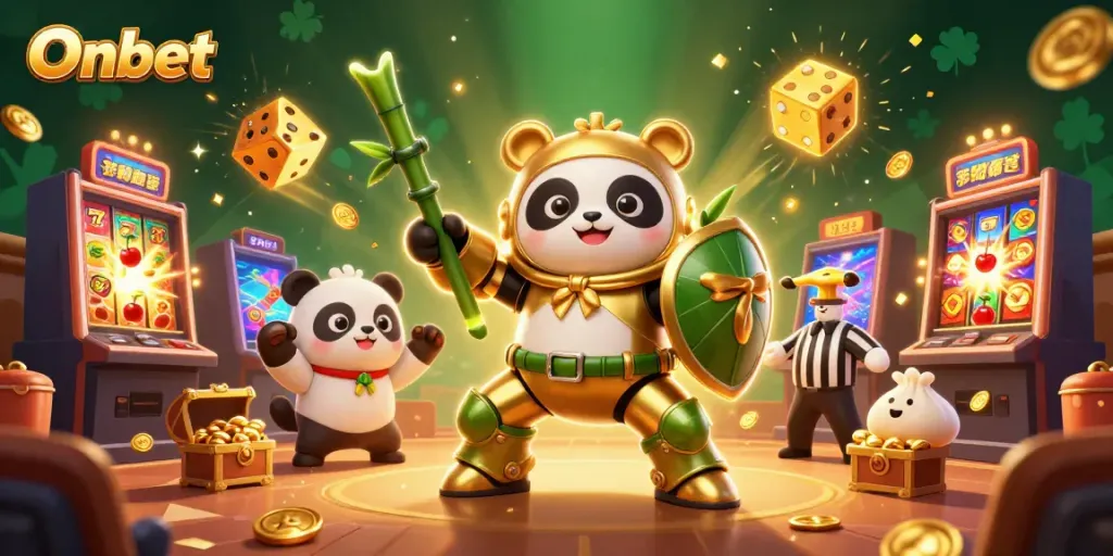 Experience Onbet's thrilling gaming world with vibrant characters and dynamic casino elements.