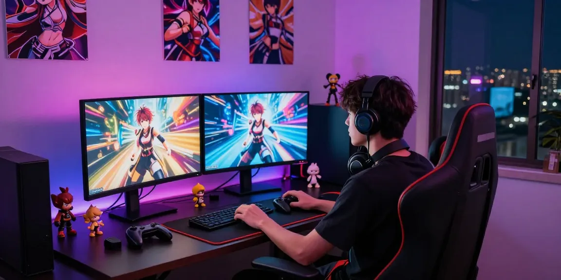Exciting gaming scene with a player enjoying hentai games amidst colorful LED lights and dual monitors.