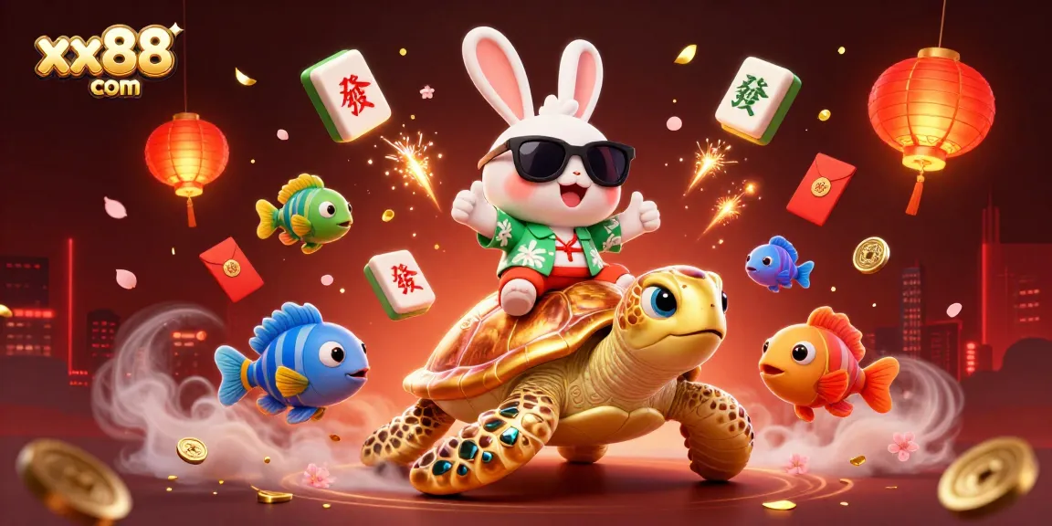 Spin and win at xx88 com, featuring a lucky rabbit and giant turtle in a colorful casino scene.