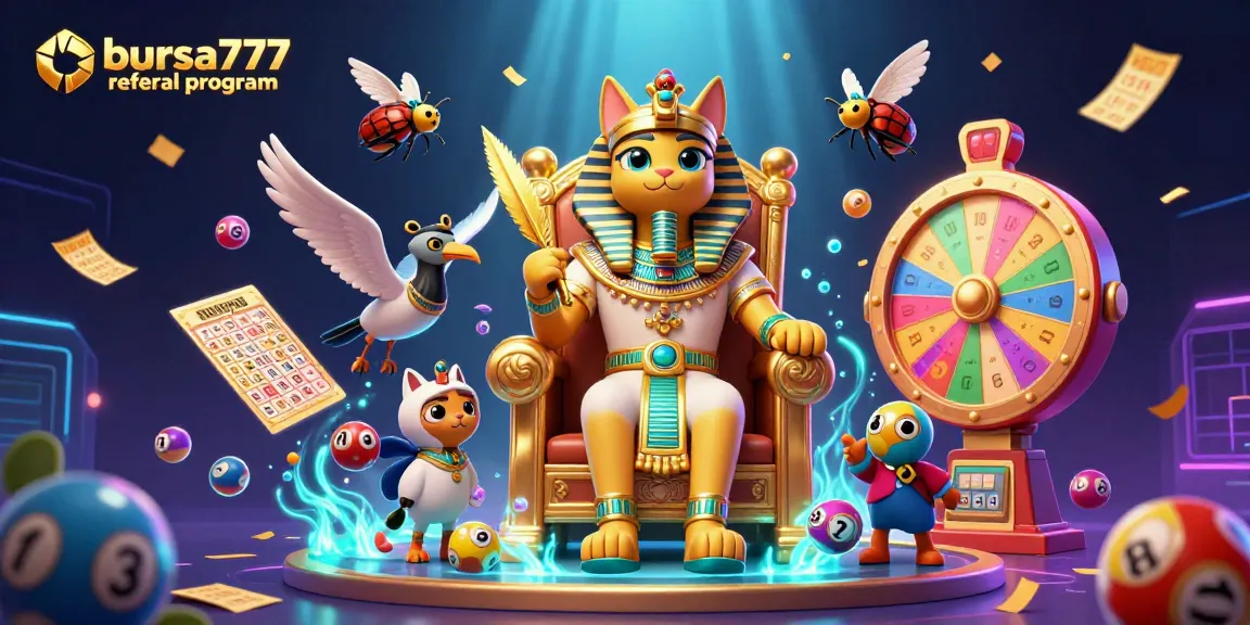 Join the excitement of the bursa777 referal program with a vibrant 3D casino scene featuring unique characters and game elements.
