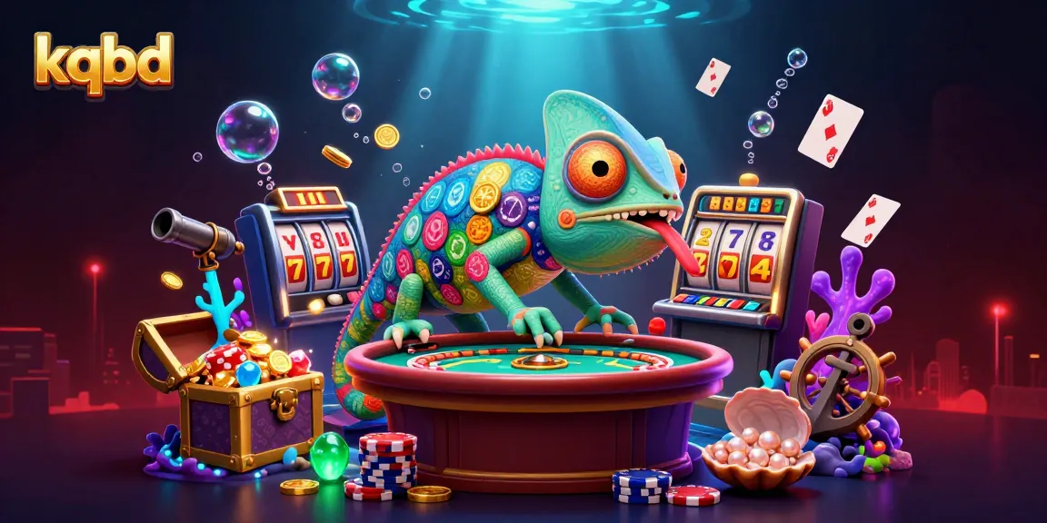 KQBD captures the excitement of casino gaming with a colorful chameleon owner and vibrant slot elements.