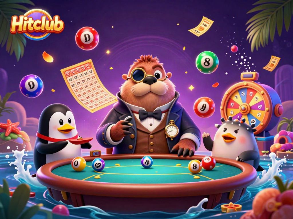 Experience vibrant gameplay at Hitclub with a jolly walrus in a casino setting, surrounded by colorful elements.