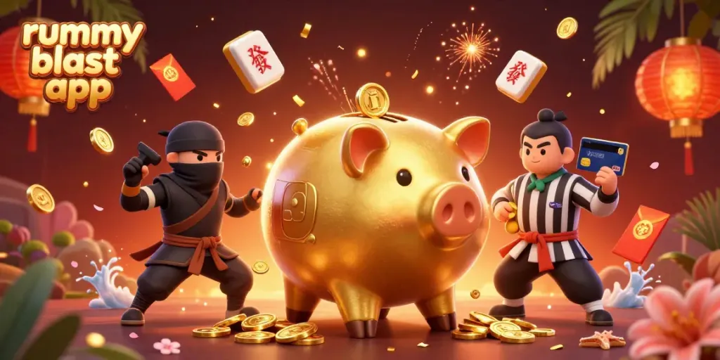 Engage with the vibrant rummy blast app scene featuring casino characters amidst golden coins.