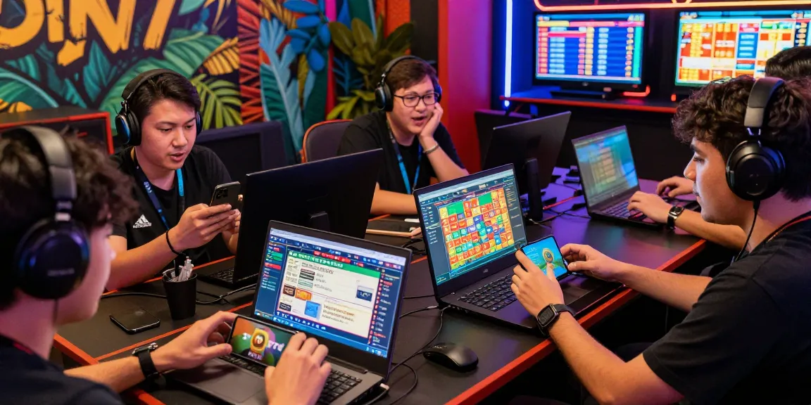 Engaged players enjoying ulartoto togel in a vibrant online gaming atmosphere with colorful screens and lively discussions.