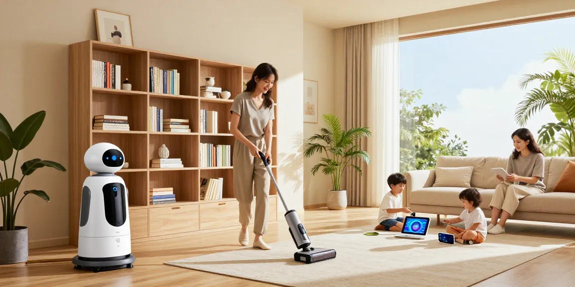 Family interacting with a home robot 2026 in a modern living room, showcasing smart technology and family life.