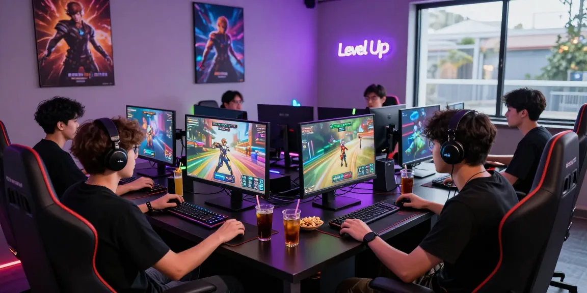 Dynamic gaming lounge with enthusiasts engaging on PCs, featuring sunwin branding in vibrant colors.