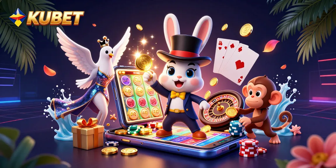 KUBET showcases a vibrant 3D illustration of a magician rabbit, assistant dove, and monkey, surrounded by casino games and exciting imagery.