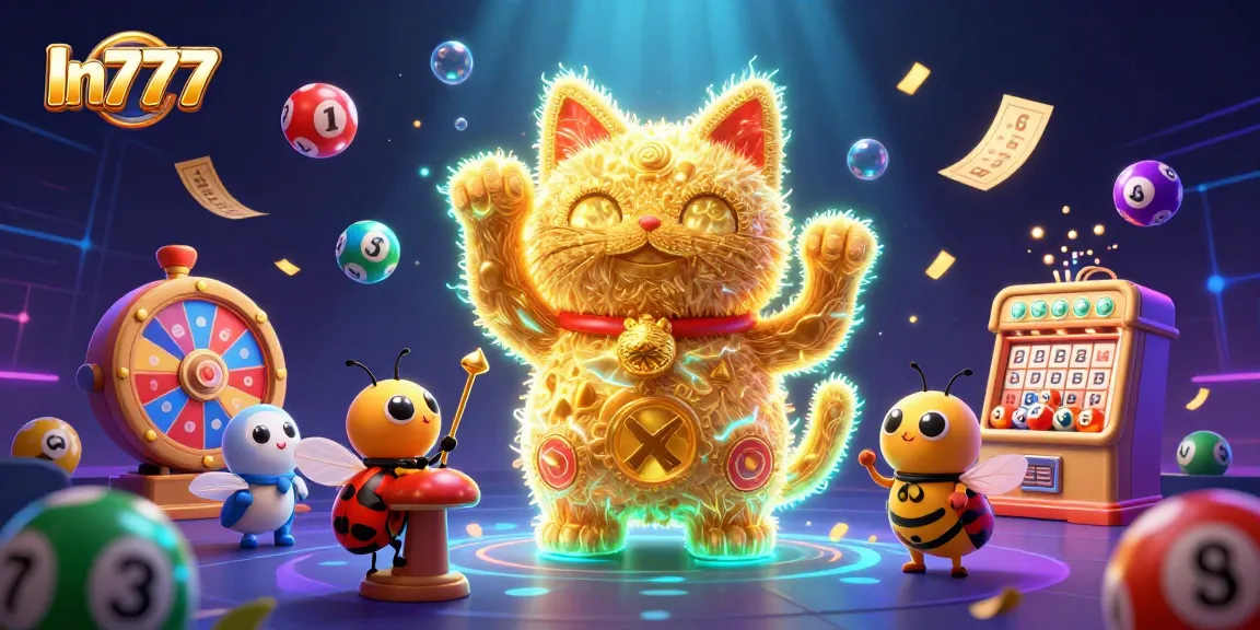 Engage with In777’s vibrant lucky cat formation amidst colorful lottery elements and casino excitement.