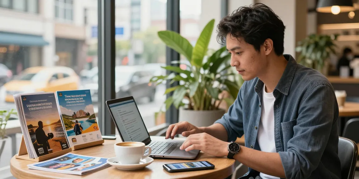 Pengunjung kafe urban yang menggunakan laptop untuk menganalisis teknologi perjalanan di https://miami4d.com/ dengan pemandangan kota yang cerah.