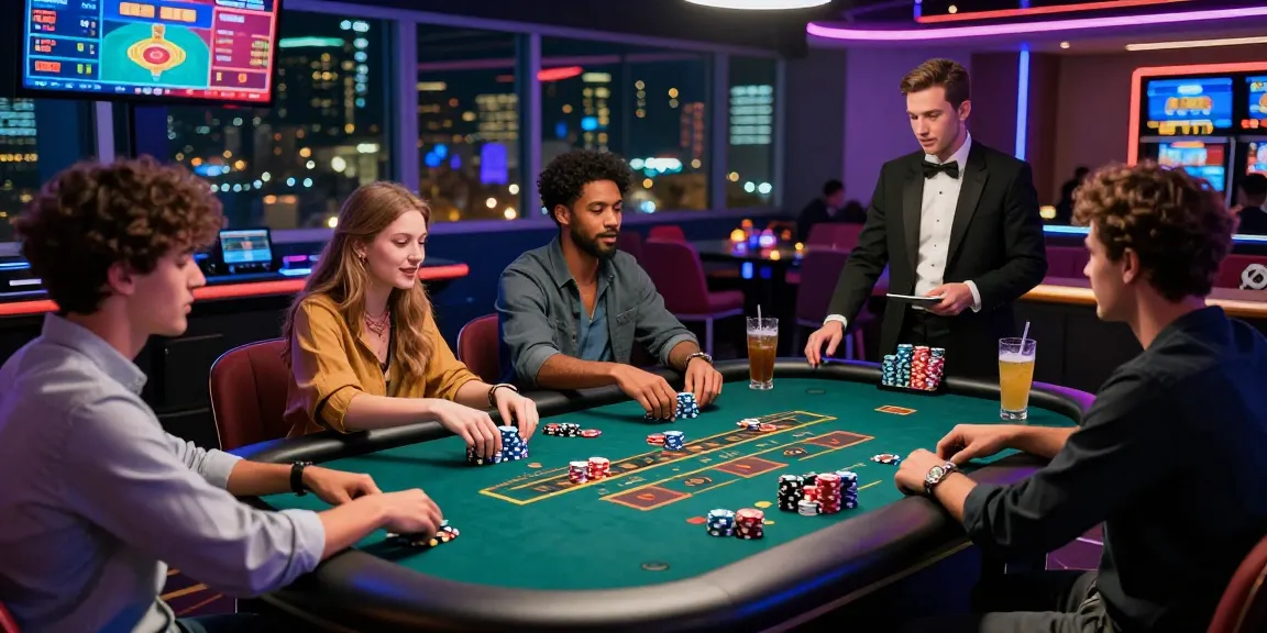 LUCK8 online casino gaming experience with friends at a vibrant table, showcasing excitement and engagement in a lively setting.