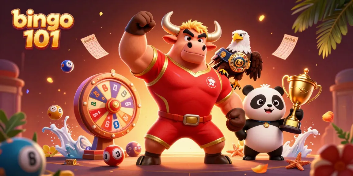 Experience thrilling wins with Bingo 101 as a bull mascot celebrates with an eagle and panda.