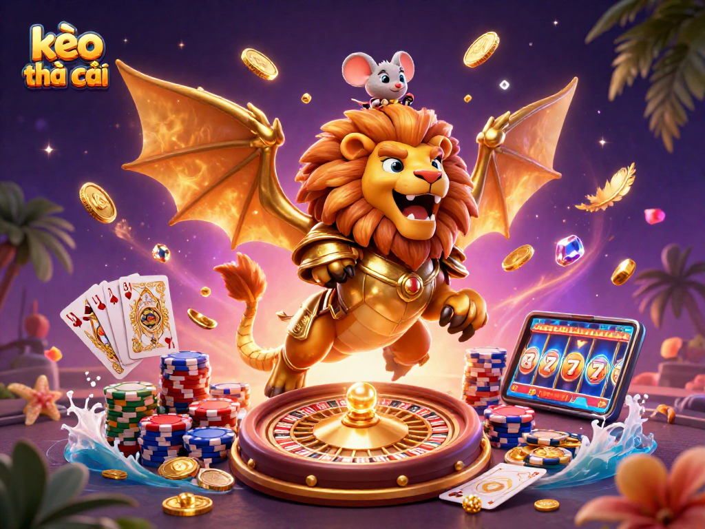 Engage with kèo nhà cái in this vibrant 3D cartoon scene featuring a triumphant chimera and dynamic casino elements.