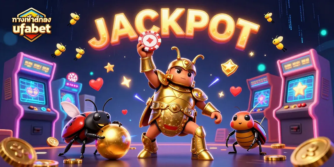 Engage with ทางเข้าสำรอง ufabet as the hero showcases victory with colorful elements in a vibrant casino scene.