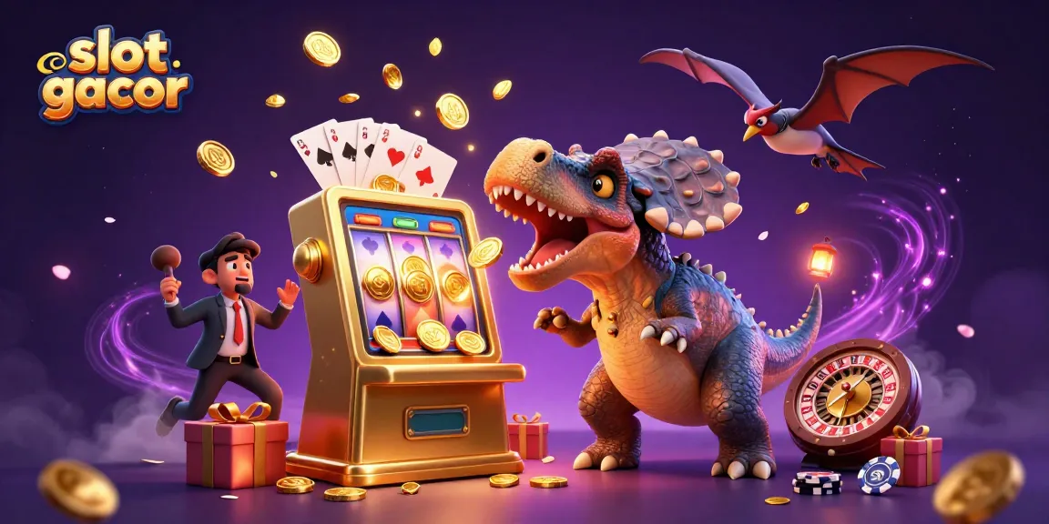 Experience slot gacor as a dinosaur creates a jackpot frenzy in a vibrant casino scene.