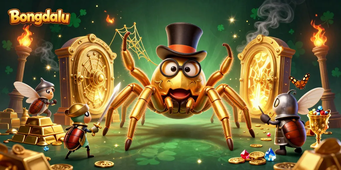 Bongdalu showcases a vibrant 3D illustration featuring a golden tarantula, beetle knight, and casino treasures.