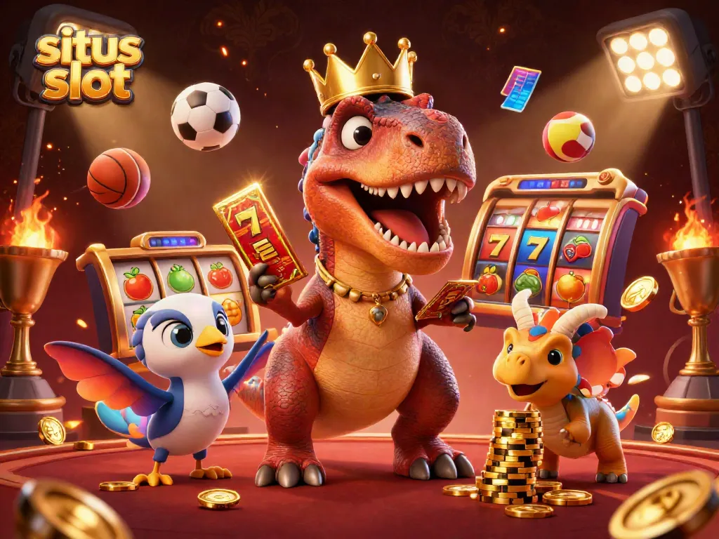 Representasi grafik situs slot yang dinamis dengan kartun yang menyenangkan dan elemen kasino.