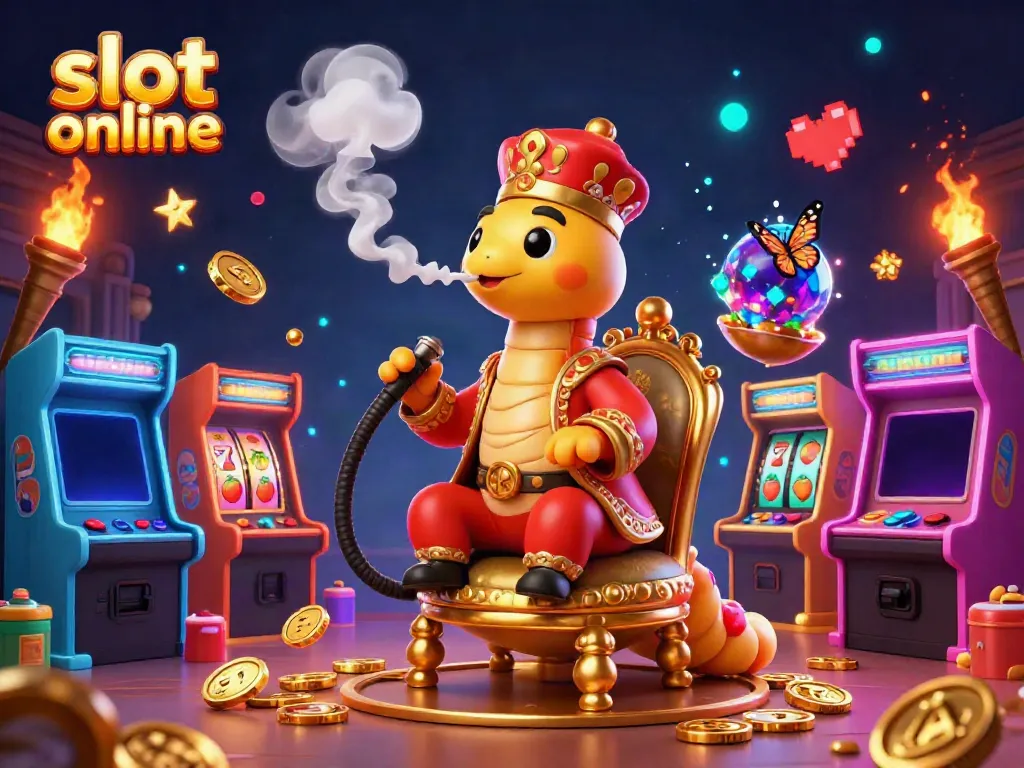 Experience the thrill of slot online games in a vibrant 3D casino scene with golden elements.
