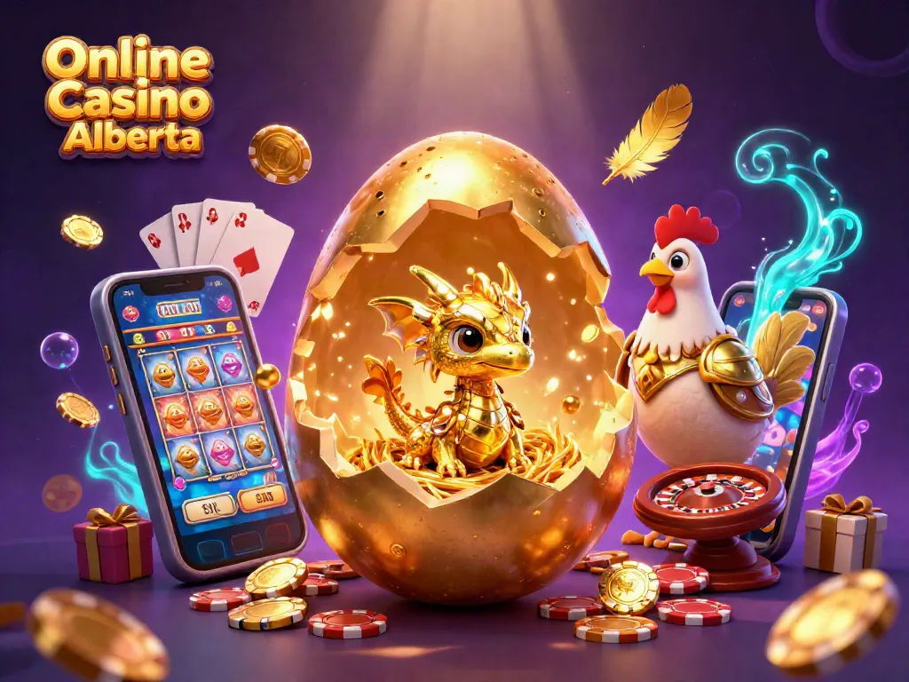 Win big at the Online Casino Alberta with a golden baby dragon, poker chips, and thrilling gaming action.