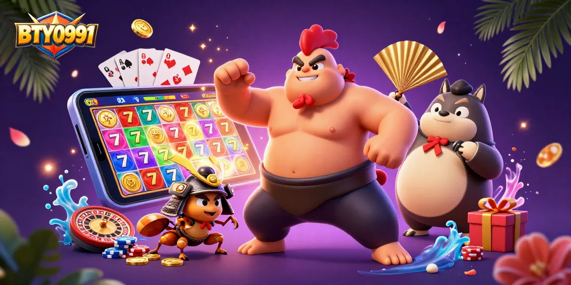 Engage with thrilling BTY0991 gameplay featuring a powerful sumo rooster and fierce samurai cricket.