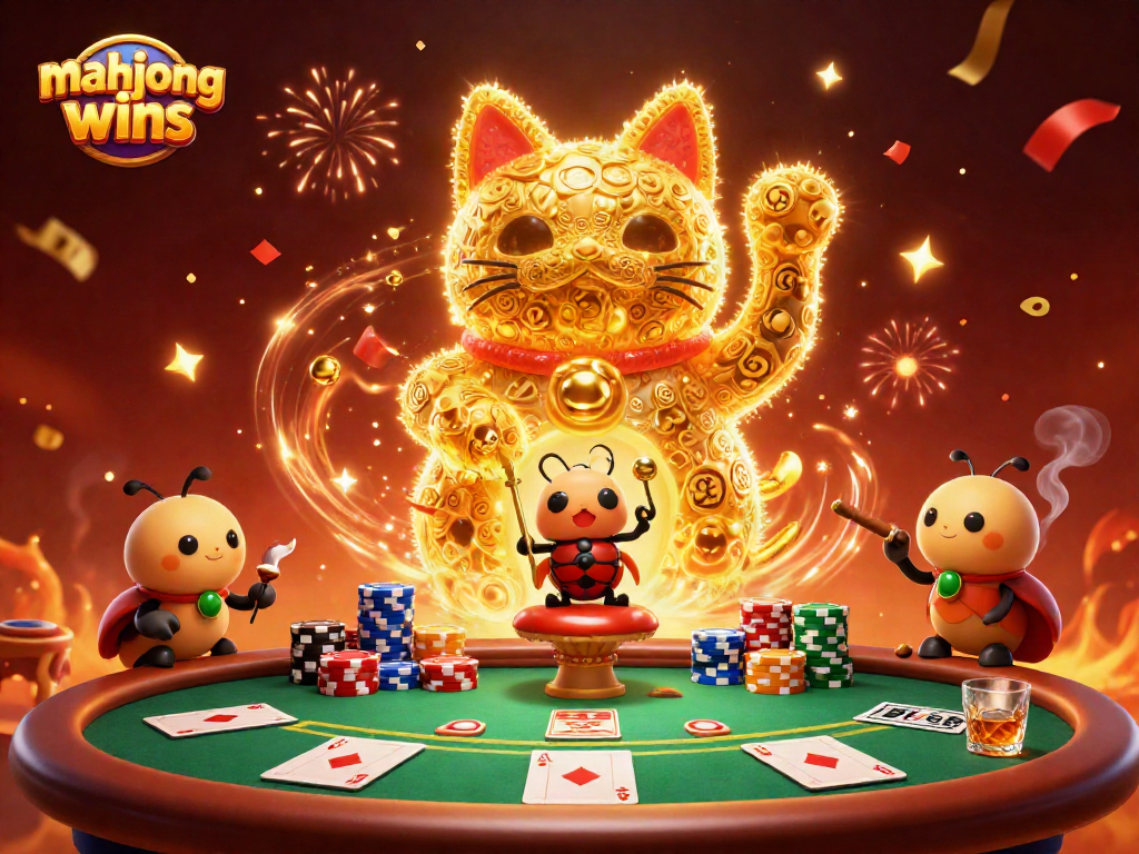Experience mahjong wins with a vibrant casino scene featuring lucky cat and poker elements.