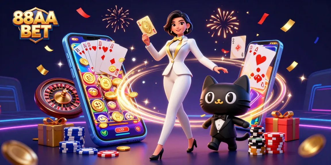 Engaging 88AA BET casino scene featuring a glamorous woman with a stylish black cat and dynamic game elements.