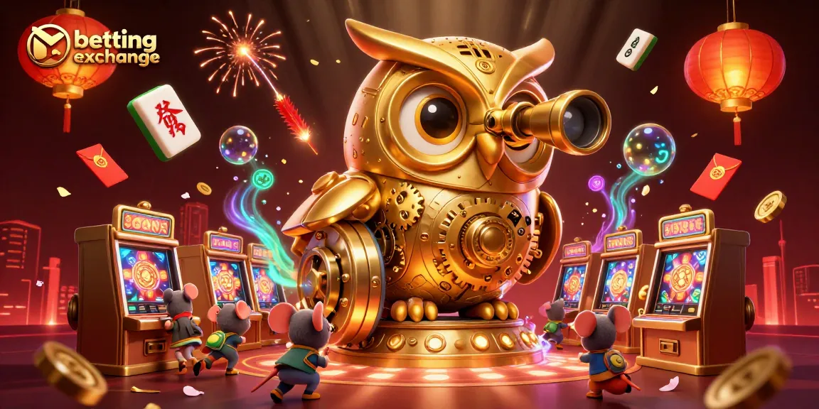 Experience the excitement of a betting exchange with a whimsical 3D casino illustration featuring a golden owl observing tiny patrons.