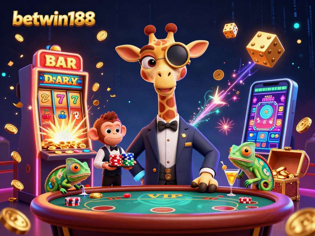 Engage with betwin188's vibrant casino scene featuring animated characters and dynamic gaming elements.
