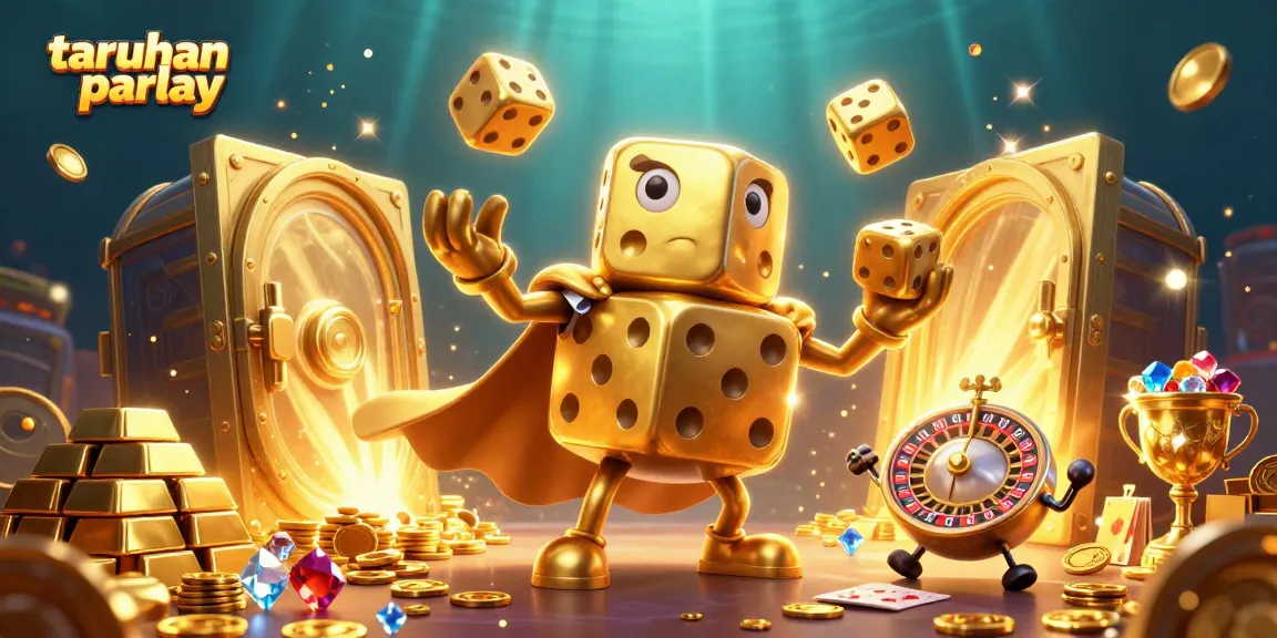 Menangkan taruhan parlay dengan dadu emas besar dan elemen kasino menarik dalam ilustrasi 3D yang spektakuler.